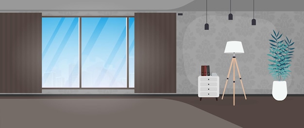 Salle vide avec une grande baie vitrée. Une chambre avec des monogrammes sur les murs. Illustration vectorielle.