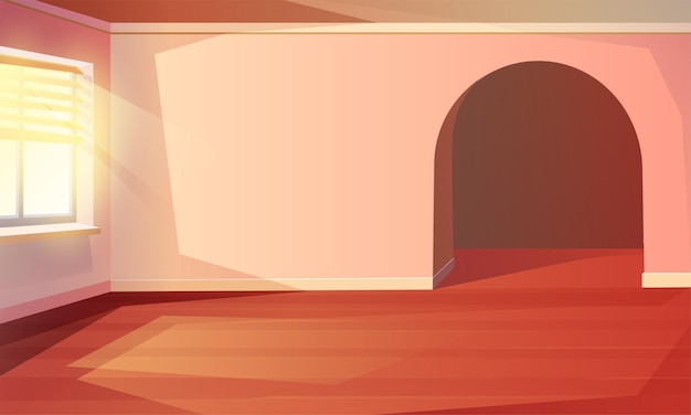 Salle vide de style dessin animé. Salon, cuisine ou chambre d'hôtel avec fenêtre et lumière du soleil, et porte en arc