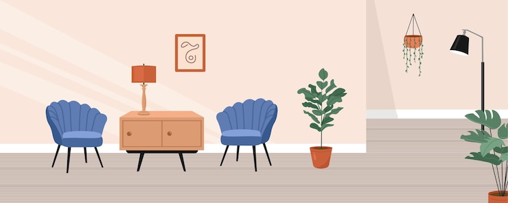 Vecteur une salle à vivre avec une chaise une chaire une table et une plante