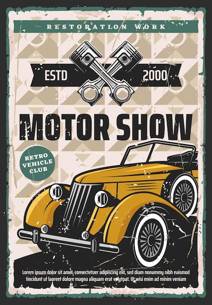 Vecteur salon de l'automobile et affiche rétro de restauration