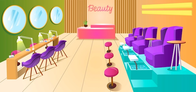 Vecteur salon de beauté professionnel intérieur coloré relax spa pour femmes ongles sur les mains jambes salle de manucure et de pédicure avec miroirs club de beauté avec appareils serviettes lampes et chaises illustration vectorielle