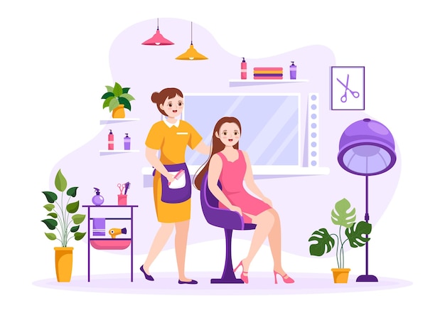 Salon de coiffure avec coupe de cheveux et coiffure dans un salon de beauté ou barbier en illustration de dessin animé plat