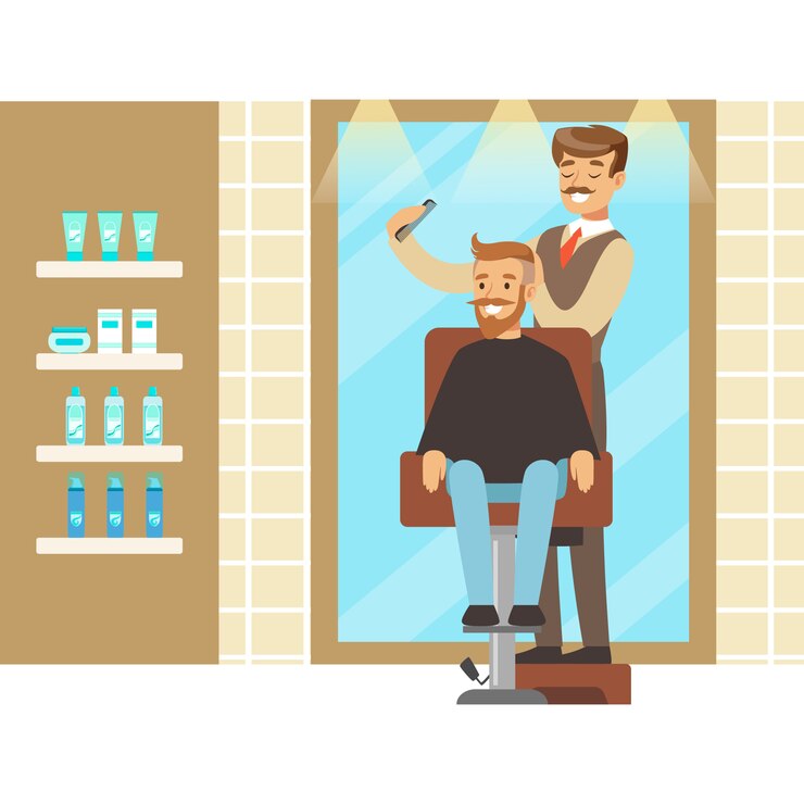 Vecteur salon de coiffure ou intérieur de salon de coiffure. illustration de personnage de dessin animé coloré
