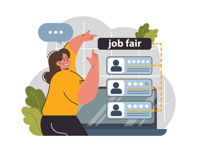Salon de l'emploi en ligne Plateforme d'embauche ou de recherche d'emploi en ligne Agence de recrutement Femme sélectionne le CV d'un employé ou d'un employeur potentiel Illustration vectorielle plane