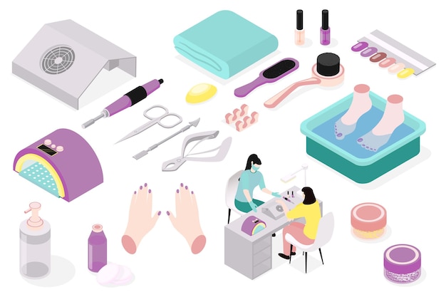 Salon de manucure 3D méga-ensemble en isométrie conception graphique Collection d'éléments de lampe ciseaux pinceau serviette vernis à ongles échantillons de couleurs mains manicuriste autres outils illustration vectorielle