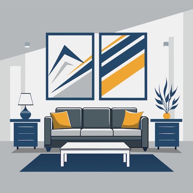 Vecteur un salon moderne avec un canapé et deux peintures sur le mur femme travaillant dans le salon avec un ordinateur portable illustration vectorielle plate simple et minimaliste