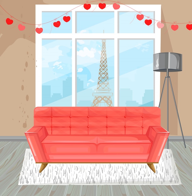 Salon rouge canapé aquarelle