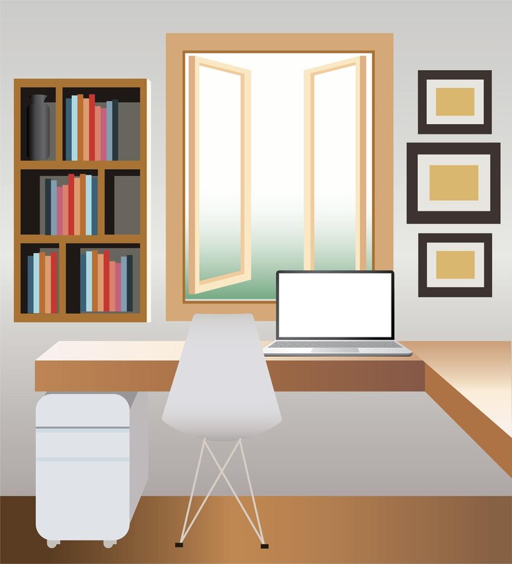 Vecteur salon avec table et ordinateur portable style plat illustration vectorielle minimaliste