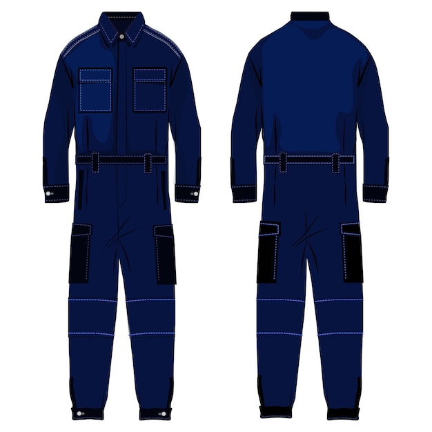 Vecteur salopette de couleur bleue pour les travailleurs travaillant en uniforme vue avant et arrière illustration vectorielle