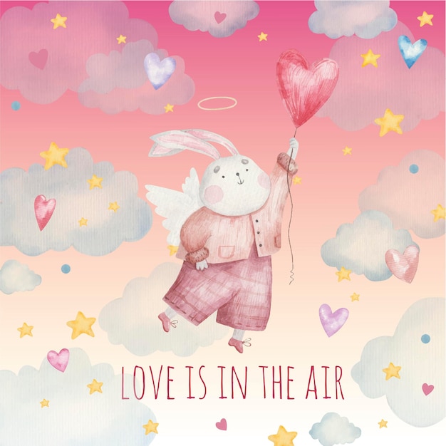 Salutation ange lapin mignon vole dans le ciel, illustration pour la Saint-Valentin