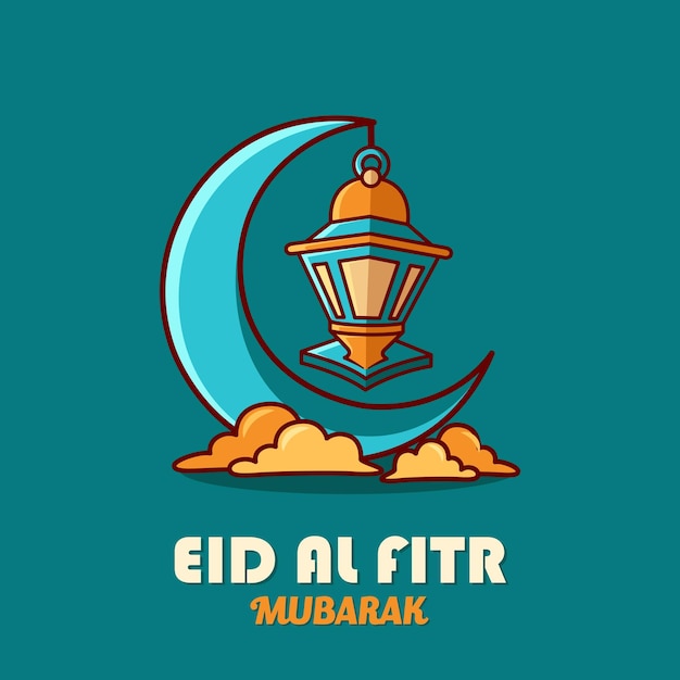 Vecteur salutation eid al fitr mubarak dessin animé style de conception simple avec une jolie lanterne et un fond bleu