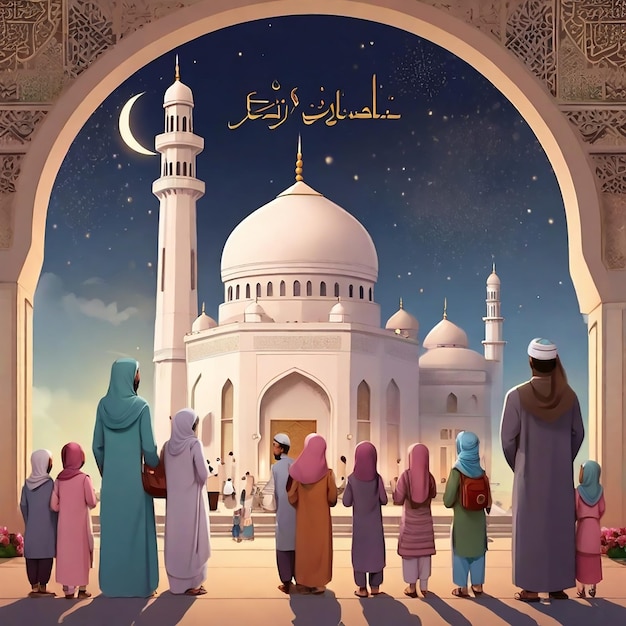 Salutation D'eid Mubarak La Famille Et Beaucoup De Gens Regardent La Mosquée