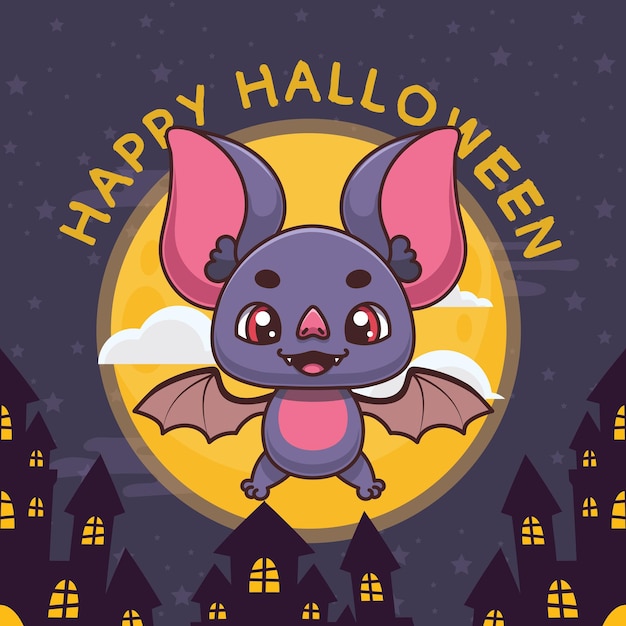 Vecteur salutation happy halloween mignon avec une chauve-souris heureuse