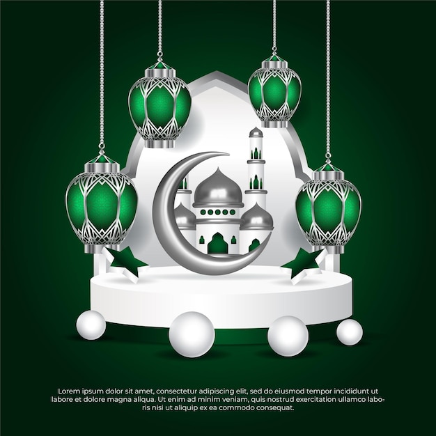 salutation islamique eid al adha avec lampe suspendue mosquée et fond vert lune