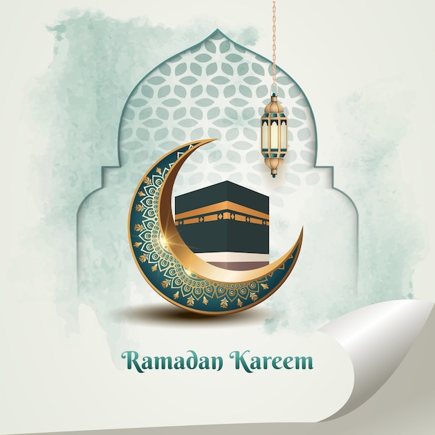 Vecteur salutations islamiques ramadan kareem conception de carte avec un beau croissant et la kaaba sainte