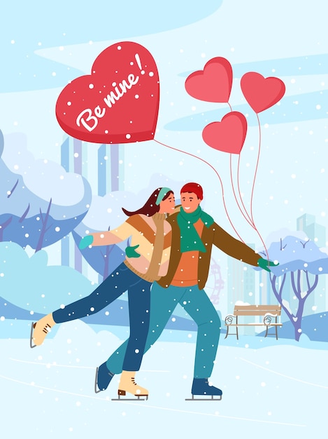 Salutations De La Saint Valentin. Couple Amoureux Du Patinage Sur Glace Dans Le Parc D'hiver Avec Des Ballons En Forme De Coeur Sous Les Chutes De Neige.