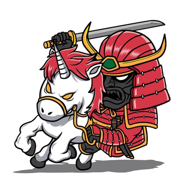 Vecteur un samouraï à cheval avec les bras levés et tenant une épée se bat