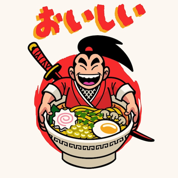 Samurai Cartoon Mascot Eats Ramen Noodle Japanese Word Signifie Delicious