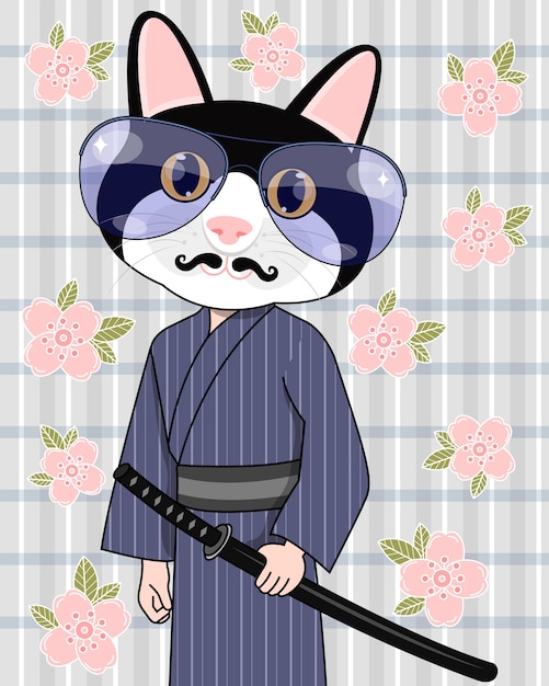 Samurai mâle chat portant un costume yukata