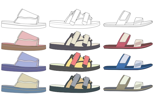Vecteur sandales à lanières coloriage dessin sandales à lanières vectorielles dessinées dans un style de croquis regroupement sandales à lanières modèle couleur vecteur illustration