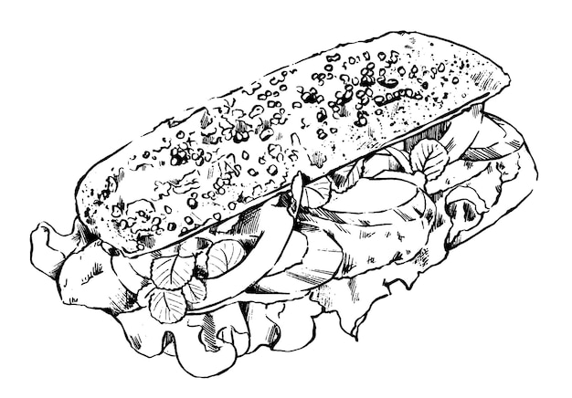 Sandwich au poulet concombre et tomate Illustration à l'encre