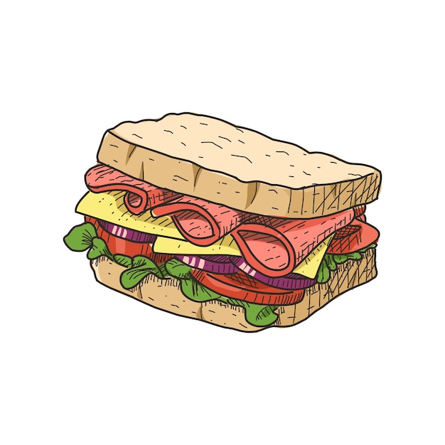 Sandwich Dans Un Style Vintage Dessiné à La Main. Prêt à L'emploi Pour Tous Les Besoins.