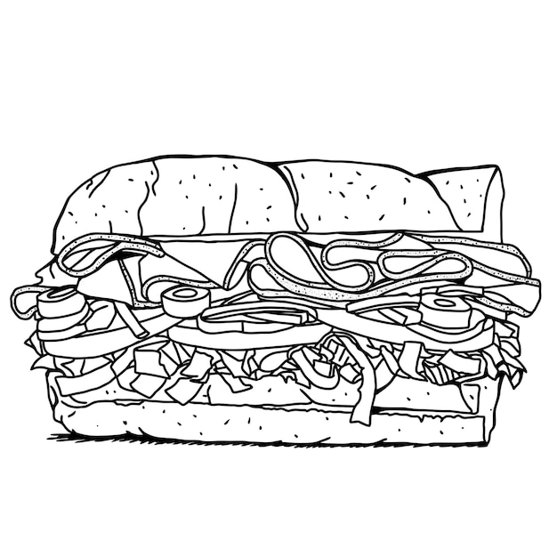 Sandwich Dessiné à La Main, Sandwich Ilustration Noir Blanc