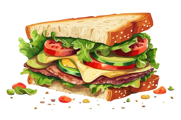 Vecteur sandwich avec garniture de légumes et de viande isolé sur fond illustration vectorielle de dessin animé