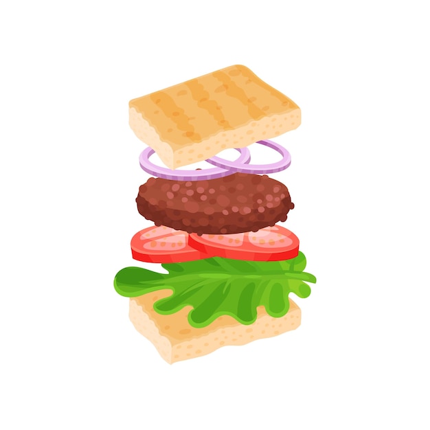 Sandwich Avec Ingrédients Volants Tranches De Pain Feuilles De Laitue Tomates Escalope Grillée Et Rondelles D'oignon Fast Food Design Vectoriel Plat