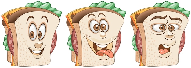 Vecteur sandwich à la saucisse. visages d'emoji de dessin animé. personnages drôles de nourriture.