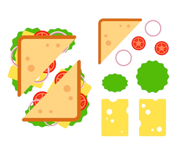 Vecteur sandwiche vue de dessus avec tomate, oignon, salade, fromage isolé sur fond blanc, collation pour le petit déjeuner et le déjeuner, illustration plate