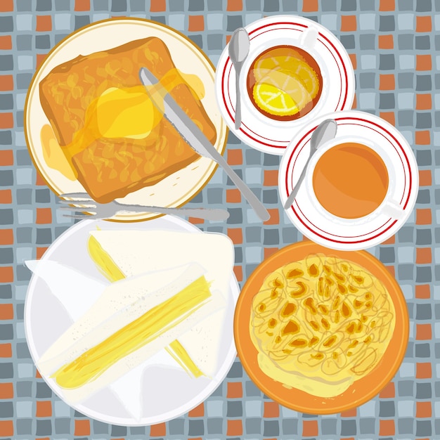 Vecteur sandwichs thé au citron thé au lait miel beurre pain doré viande nourriture vue de dessus illustration modèle