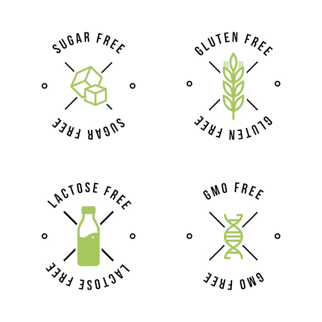 Sans Lactose Sans Sucre Sans Gluten Sans Ogm étiquettes Vectorielles Sans Ogm Pour Les Conceptions D'emblèmes Alimentaires