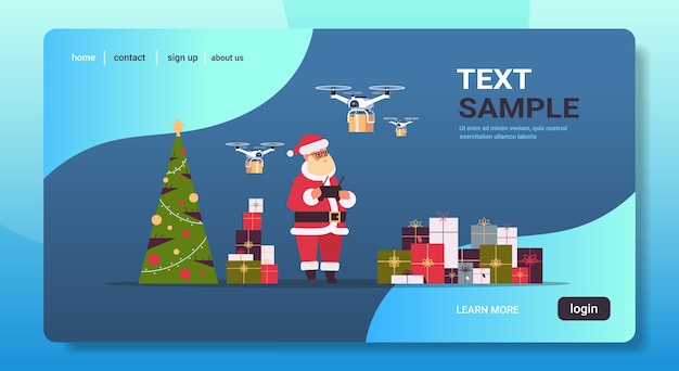 Santa Claus Holding Supprimer Le Drone Contrôleur Volant Avec Des Coffrets Cadeaux Cadeaux Express Livraison Aérienne Vacances De Noël Célébration Concept Page De Destination