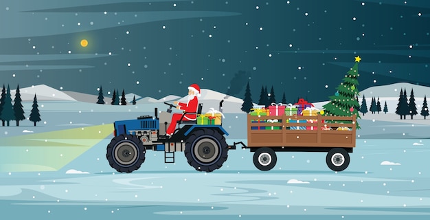 Santa Conduisant Un Tracteur Transportant Des Cadeaux Et Un Arbre De Noël