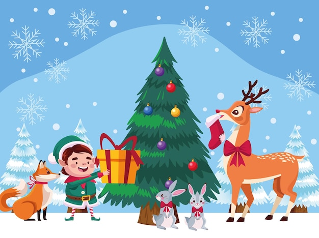 Santa Helper Avec Des Animaux Et Illustration De Sapin De Noël