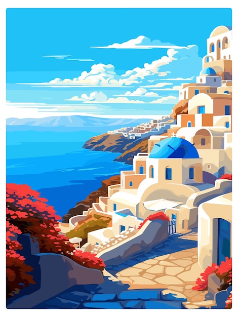 Vecteur santorini grèce affiche de voyage vintage grecque souvenir carte postale peinture de portrait illustration wpa