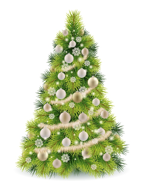 Sapin de Noël orné de boules blanches et dorées.