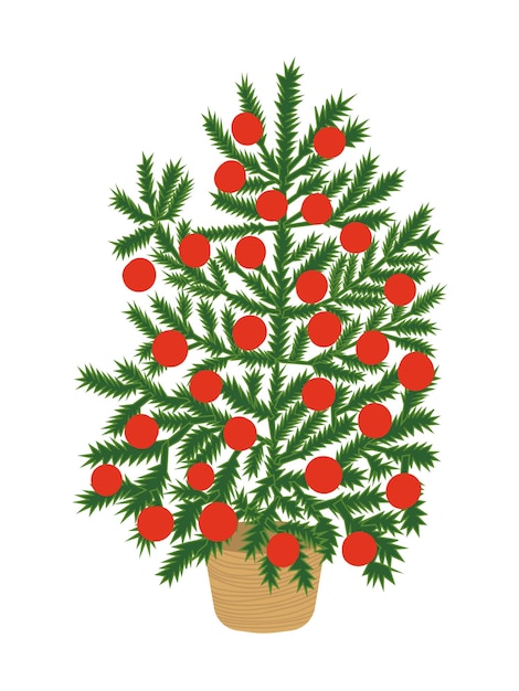 Sapin de Noël de vecteur avec des boules rouges dans le panier en osier Sapin de Noël décoré illustration