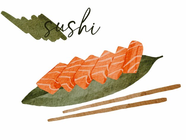 Sashimi de saumon aquarelle avec baguette sur feuille verte. Cuisine asiatique traditionnelle de sushi. Vecteur