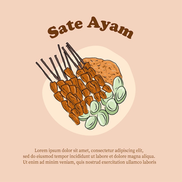 Vecteur sate ayam illustration de cuisine indonésienne dessinée à la main