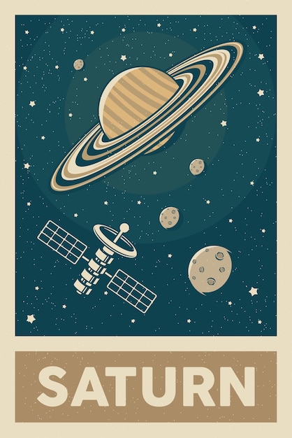 Satelite De Style Rétro Et Vintage Explorant La Planète Saturne Poster
