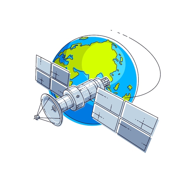 Satellite De Communication Volant Vol Spatial Orbital Autour De La Terre, Station Spatiale De Vaisseau Spatial Avec Panneaux Solaires Et Plaque D'antenne Satellite. Illustration Vectorielle 3d En Ligne Mince.