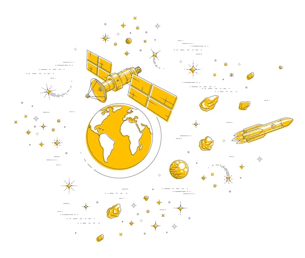 Satellite en orbite autour de la terre, vol spatial, station spatiale de vaisseau spatial de communication avec panneaux solaires et plaque d'antenne satellite, avec fusées, étoiles et autres éléments. Vecteur.