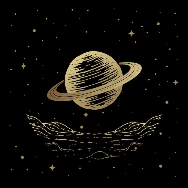 Saturne Illumine Le Ciel Nocturne Avec Son Illustration En Anneau Utilisant Un Style De Gravure