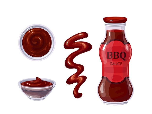 Vecteur sauce barbecue en bouteille et bol, sauce renversée en lanières et en taches. vue de dessus de sauce barbecue.