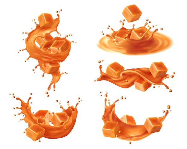 Vecteur sauce caramel ou sirop couronne et ondule des éclaboussures avec du caramel fondu sauce caramel sirop de dessert sucré gouttes vectorielles réalistes et tourbillons de mouvement gelé avec des cubes de caramel isolés gouttelettes et ondulations