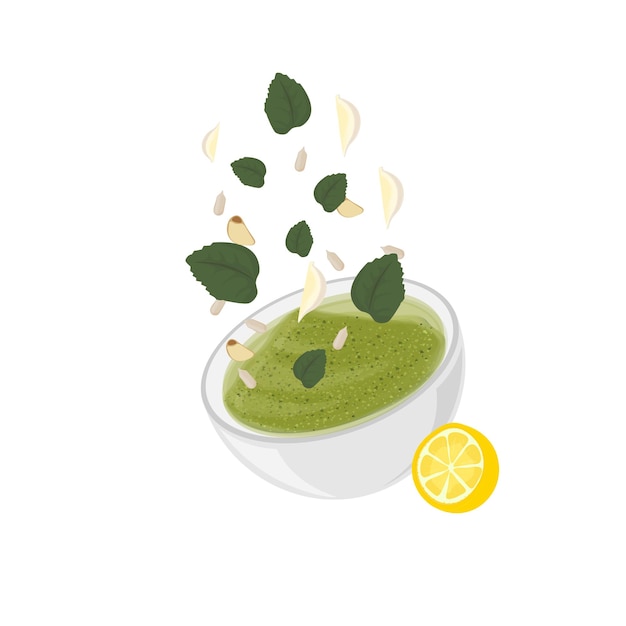 Vecteur sauce pesto avec feuilles de basilic dans un bol illustration logo