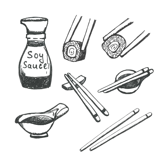 Sauce Soja Avec Bâtonnets Pour Sushi Doodle Set. Nourriture Japonaise. Illustration Vectorielle. Dessin à Main Levée.