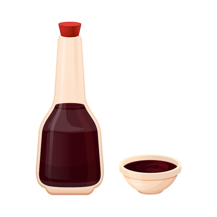 Vecteur sauce soja dans une bouteille en verre avec bol pour sushi dans la cuisine asiatique de style dessin animé